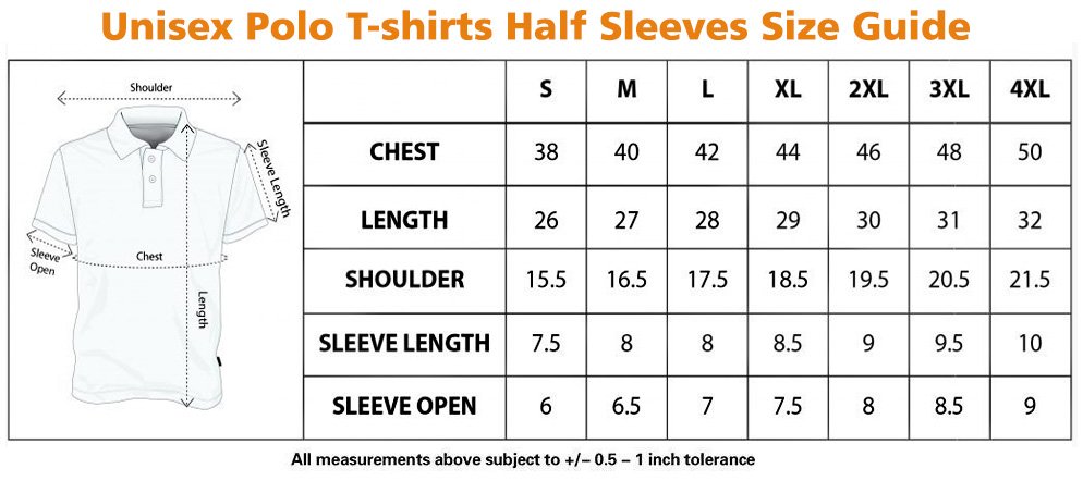 Unisex Customized Half Sleeve Collar Polo T-shirt Size Chart